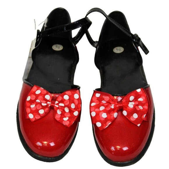 Disney Store Minnie Mouse Red Glitter Shoes Bow  Strap Dress Up Patent Leather - Picture 1 of 13